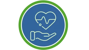 Ein Symbol mit einem Herz und einer Hand ist zu sehen. Das Herz hat eine Zickzack-Linie in der Mitte, die wie ein Puls aussieht, und es wird von einer offenen Hand gehalten. Der Hintergrund ist blau mit einem grünen Rand, was das Bild ruhig und freundlich wirken lässt.  Das Symbol steht für Gesundheit und Fürsorge. Es zeigt, dass jemand sich um das Herz kümmert, vielleicht ein Arzt oder eine Krankenschwester. Die weiche Linie des Herzens und die offene Hand machen das Bild besonders freundlich und einladend.