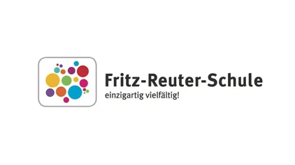 Das Bild zeigt das Logo der Fritz-Reuter-Schule mit dem Slogan „einzigartig vielfältig!“. Links befindet sich ein Quadrat mit bunten Kreisen in verschiedenen Größen, die Vielfalt und Individualität symbolisieren. Der Schriftzug ist in moderner, schwarzer Schrift gehalten und hebt den Schulnamen fett hervor.