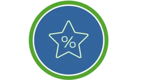 Auf dem Bild ist ein großer Stern mit einem Prozentzeichen in der Mitte zu sehen. Der Stern ist in heller Farbe gezeichnet und hebt sich vom blauen Hintergrund ab. Das Symbol steht für Rabatte oder besondere Angebote. Der grüne Rand um das Bild gibt ihm eine klare Umrahmung.