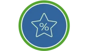 Auf dem Bild ist ein großer Stern mit einem Prozentzeichen in der Mitte zu sehen. Der Stern ist in heller Farbe gezeichnet und hebt sich vom blauen Hintergrund ab. Das Symbol steht für Rabatte oder besondere Angebote. Der grüne Rand um das Bild gibt ihm eine klare Umrahmung.
