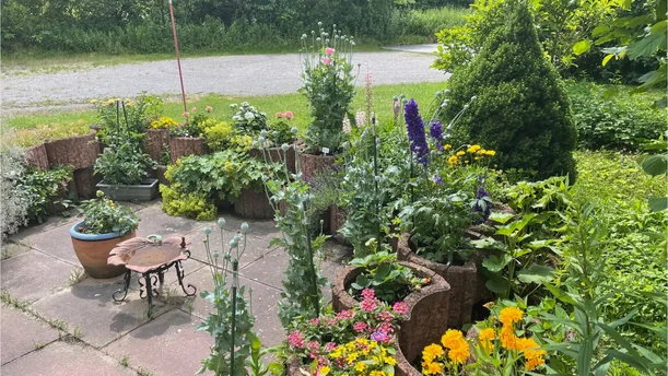 Ein liebevoll gestalteter Garten zeigt eine Vielzahl an bunten Blumen und grünen Pflanzen, die in Beeten und Töpfen arrangiert sind. In der Mitte steht eine kleine Vogeltränke in Form eines dekorativen Metalltisches, während im Hintergrund ein kleiner Weg und üppiges Grün zu sehen sind.