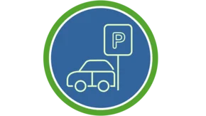 Ein runder Kreis mit einem grünen Rand und dunkelblauem Hintergrund ist zu sehen. In der Mitte ist eine hellgrüne Zeichnung von einem Auto. Daneben steht ein Schild mit dem Buchstaben 'P'. Das Bild zeigt einen Parkplatz oder einen Ort, an dem man parken kann.