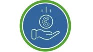 Ein runder Kreis mit einem grünen Rand und dunkelblauem Hintergrund ist zu sehen. In der Mitte ist eine hellgrüne Zeichnung einer ausgestreckten Hand. Über der Hand schwebt eine große Münze mit einem Euro-Zeichen (€), und von oben fallen drei kleine Striche herunter. Das Bild sieht aus wie ein Symbol für Geld oder Unterstützung.