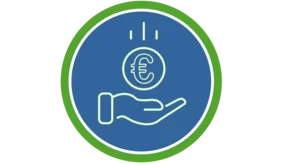 Ein runder Kreis mit einem grünen Rand und dunkelblauem Hintergrund ist zu sehen. In der Mitte ist eine hellgrüne Zeichnung einer ausgestreckten Hand. Über der Hand schwebt eine große Münze mit einem Euro-Zeichen (€), und von oben fallen drei kleine Striche herunter. Das Bild sieht aus wie ein Symbol für Geld oder Unterstützung.