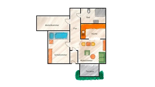 Das Bild zeigt eine Wohnungsskizze mit verschiedenen Räumen. Die Küche ist in orangefarbenen Linien dargestellt, während das Schlafzimmer in blau hervorgehoben ist. Die Terrasse ist durch einen grünen Bereich unten zu erkennen, und die Anordnung der Möbel ist leicht zu sehen.