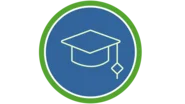 Auf dem Bild ist ein blauer Kreis mit einem grünen Rand zu sehen. In der Mitte des Kreises befindet sich ein heller, gezeichneter Doktorhut mit einer Quaste. Das Symbol steht für Bildung und Lernen und wird oft bei Schul- oder Universitätsabschlüssen verwendet.