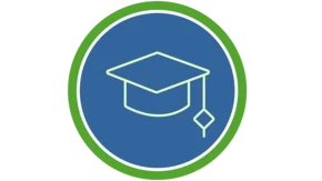 Auf dem Bild ist ein blauer Kreis mit einem grünen Rand zu sehen. In der Mitte des Kreises befindet sich ein heller, gezeichneter Doktorhut mit einer Quaste. Das Symbol steht für Bildung und Lernen und wird oft bei Schul- oder Universitätsabschlüssen verwendet.