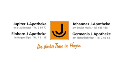 Das Bild zeigt eine Werbeanzeige für vier Apotheken in Hagen: Jupiter J-Apotheke, Einhorn J-Apotheke, Johannes J-Apotheke und Germania J-Apotheke, jeweils mit Standort und Telefonnummer. In der Mitte befindet sich ein orangefarbenes Logo mit einem stilisierten „J“. Darunter steht der Schriftzug „Ihr starkes Team in Hagen“ in einer geschwungenen, orangefarbenen Schrift.