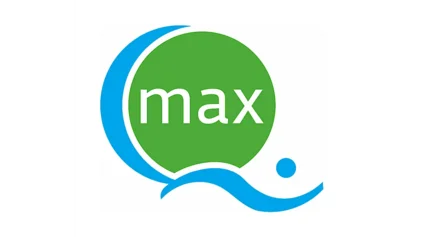 Das Bild zeigt ein Logo mit dem Wort „max“ in weißer Schrift auf einem grünen Kreis. Um den Kreis herum sind geschwungene blaue Elemente, die an Wasser oder Bewegung erinnern, sowie ein kleiner blauer Punkt. Das Design wirkt modern und dynamisch.